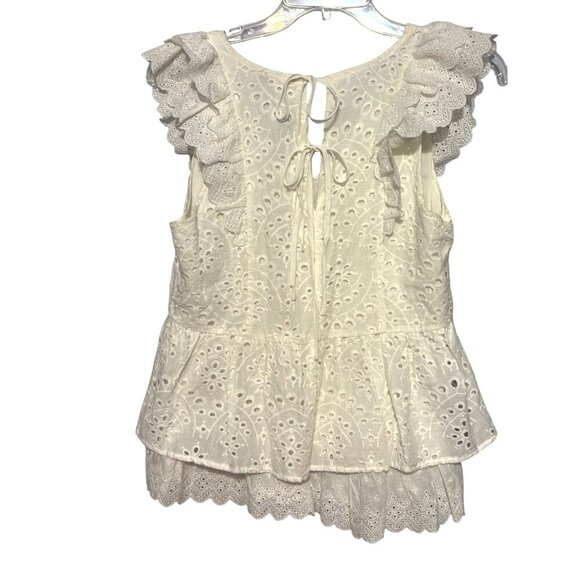 Skies Are Blue Eyelet Lace Ruffle Sleeveless Cotton Peplum Top XS Women's Ivory - Picture 3 of 10